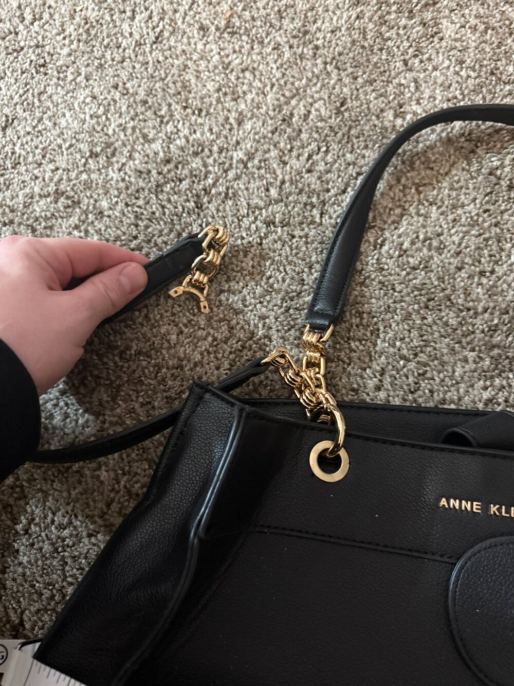 Anne Klein Black Faux Leather Satchel Handbag Gold Chain Detail Tote Bag Repair - Picture 2 of 6